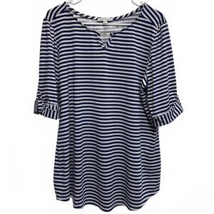 Notations Blue and White Striped Nautical Keyhole Blouse Plus Size XL